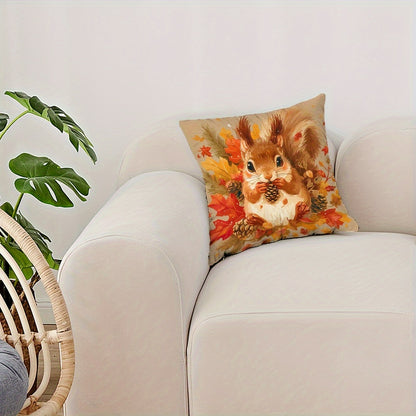 Autumnal squirrel pillow cover with sunflower and maple leaf design, suitable for home decor, 44.96cm x 44.96cm, no pillow insert included.