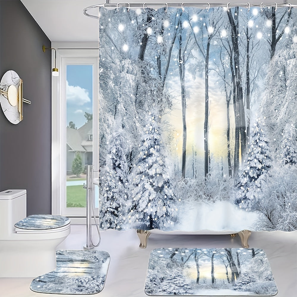 Winter snow scene shower curtain set includes waterproof curtain, floor mat, toilet seat cover, bathroom mat, 12 plastic hooks, and home decorations.