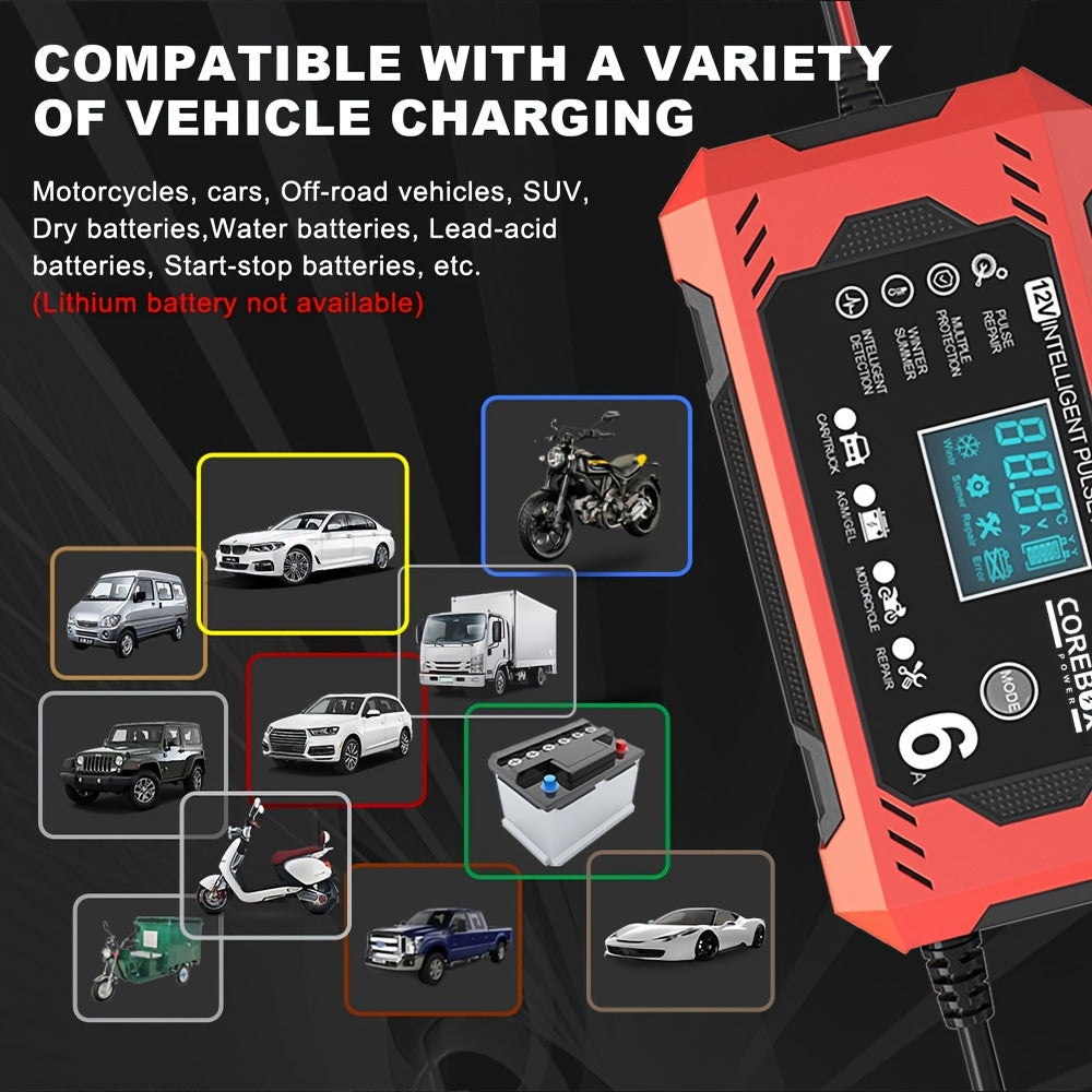 COREBOX 12V 6A Smart Battery Charger with LCD Display - Versatile lead-acid trickle charger for a variety of vehicles with overcharge, short circuit, and polarity protection. Portable and