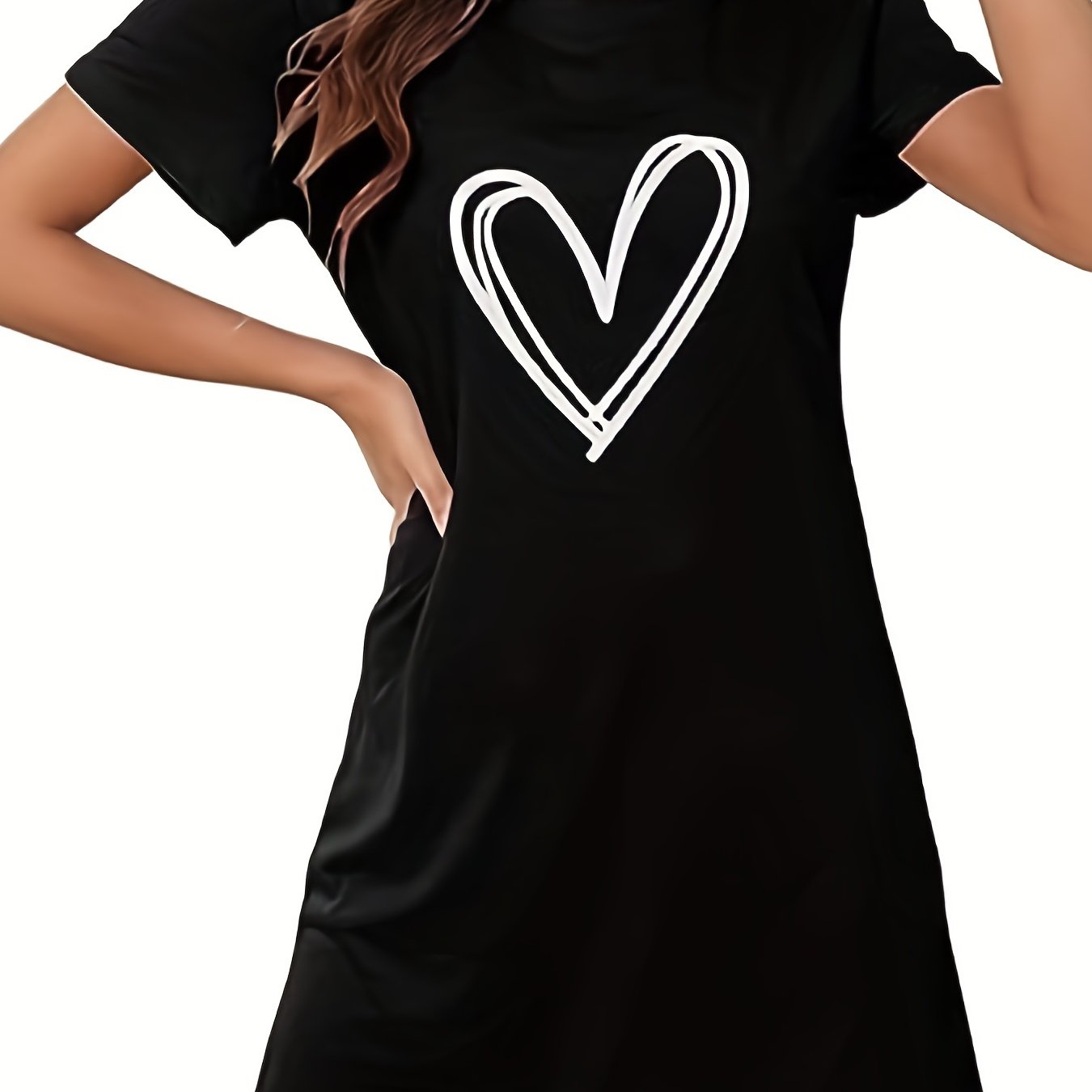 Heart Print Nightdress for Women, Short Sleeve Crew Neck Sleepwear