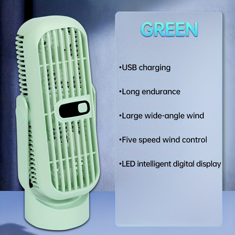 The JKUOO Ultra-Quiet USB Rechargeable Desktop Tower Fan features a sleek leafless design with a polished finish. It has 5 speed settings and a convenient LED display for easy control. This portable fan is safe for use in any space, including home