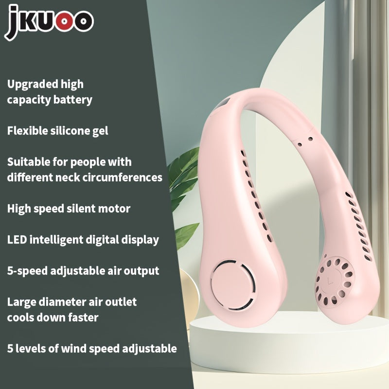 Stay cool on the go with the JKUOO Portable Neck Fan. Featuring a 5-speed digital display, USB rechargeable design, and quiet operation, this fan is perfect for indoor and outdoor use. The silicone handle makes it easy to carry, while the plastic