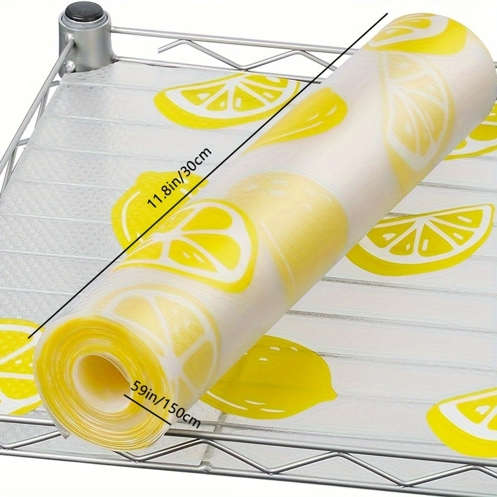 Water-resistant shelf liner in lemon pattern, suitable for kitchen cabinets, refrigerator, wire shelving, and more. Non-adhesive, non-slip design for easy use. Washable and reusable. Size: 29.97cm X 149.86cm. Ideal for multi-purpose use.