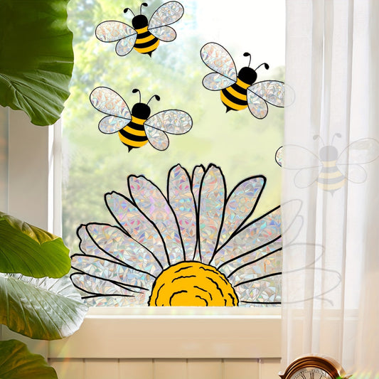 Reusable Vibrant Bee & Floral Glass Window Decal - Sparkling 5mil PVC Sticker with Electrostatic Adhesion, Irregular Shape for Sunlit Windows & Walls - 1 Piece