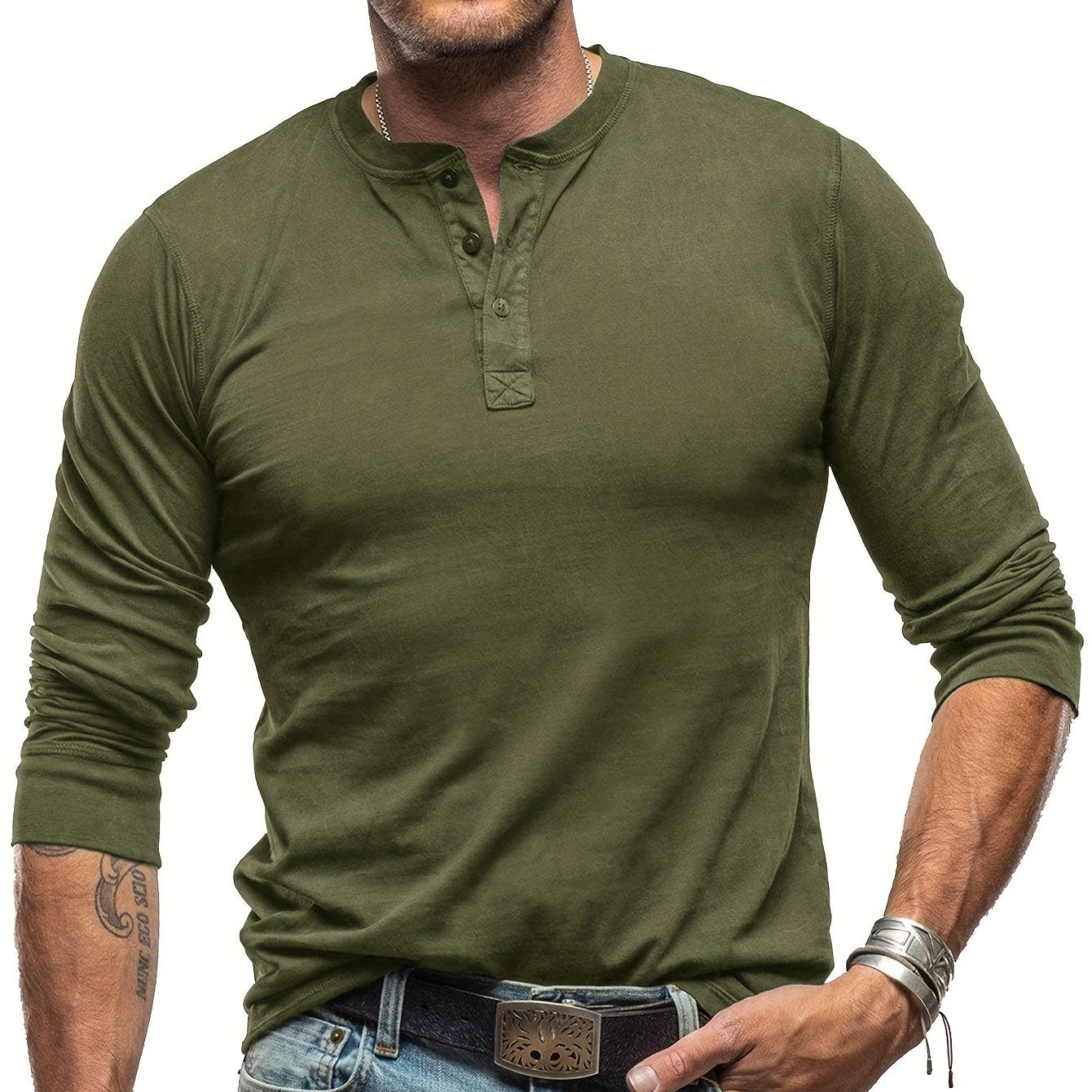 Amazon Men's Long Sleeve T-shirt, 100% Cotton Underwear, European and American Henley Shirt