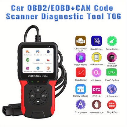 1pc OBD2/E0BD+CAN Diagnostic Scanner Tool, USB Powered, Engine Code Reader with Reset Function, compatible with cars post 1996, 8 languages, 9 protocols, no battery needed.