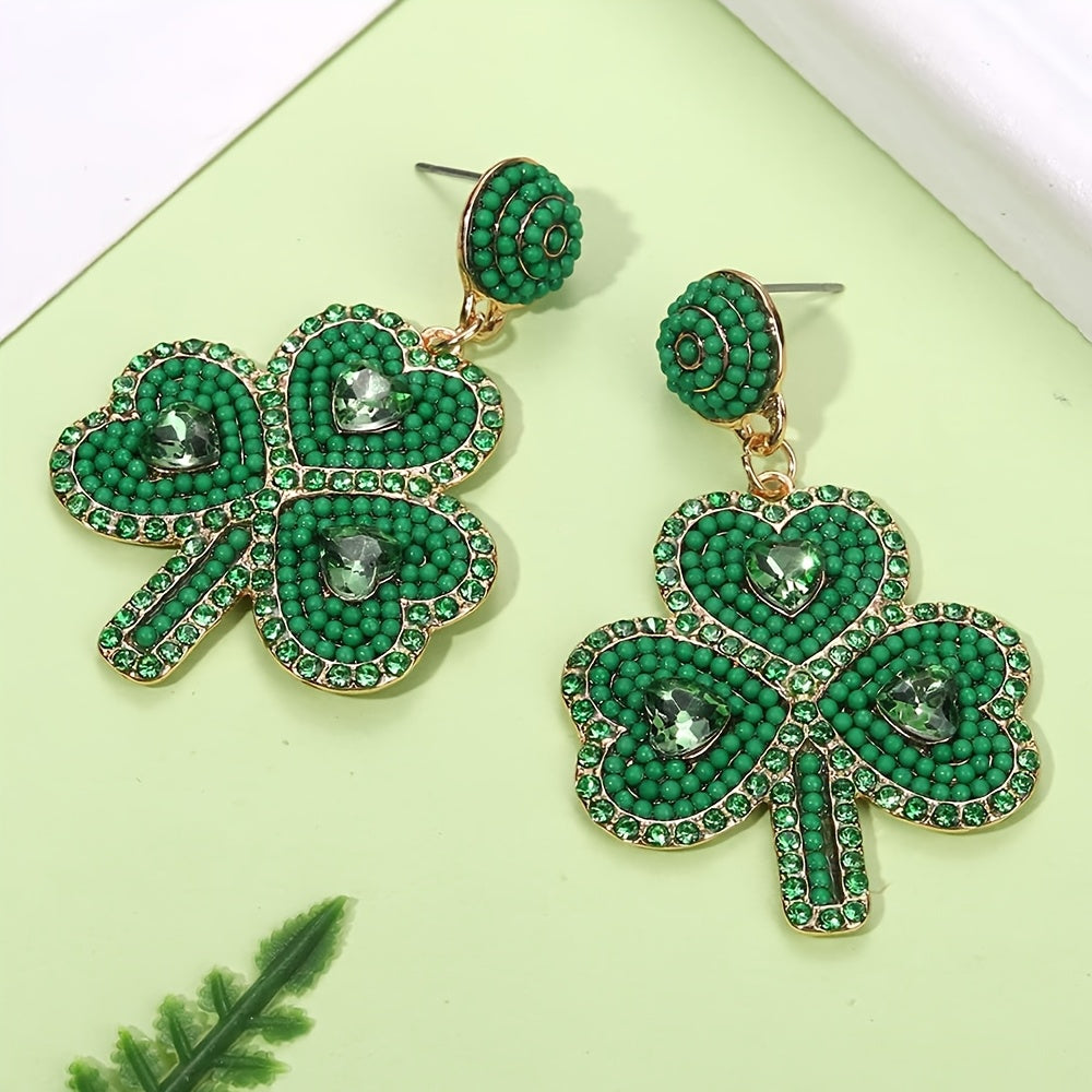 Celebrate St. Patrick's Day in style with these stunning Green Clover earrings adorned with handcrafted beaded rhinestones. Perfect for an Irish festival, this unique jewelry gift for women is made from high-quality Zinc Alloy and Stainless Steel in a