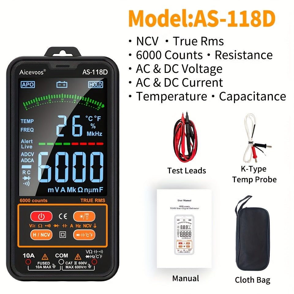 Smart digital multimeter auto-ranges to measure voltage, current, capacitance, resistance, continuity, duty-cycle, temperature, and frequency.