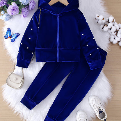 Velvet suit for girls, featuring a beaded zipper hooded jacket and trousers. Ideal for outdoor wear in spring and autumn, perfect for sports and casual occasions.