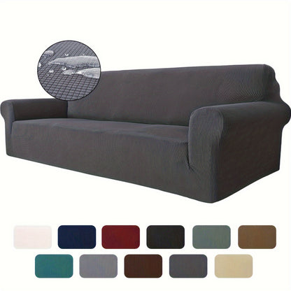 Jacquard fitted sofa slipcover with elastic band, machine washable polar fleece fabric. Compatible with various sofa sizes. Protects furniture from dust and cat scratches.