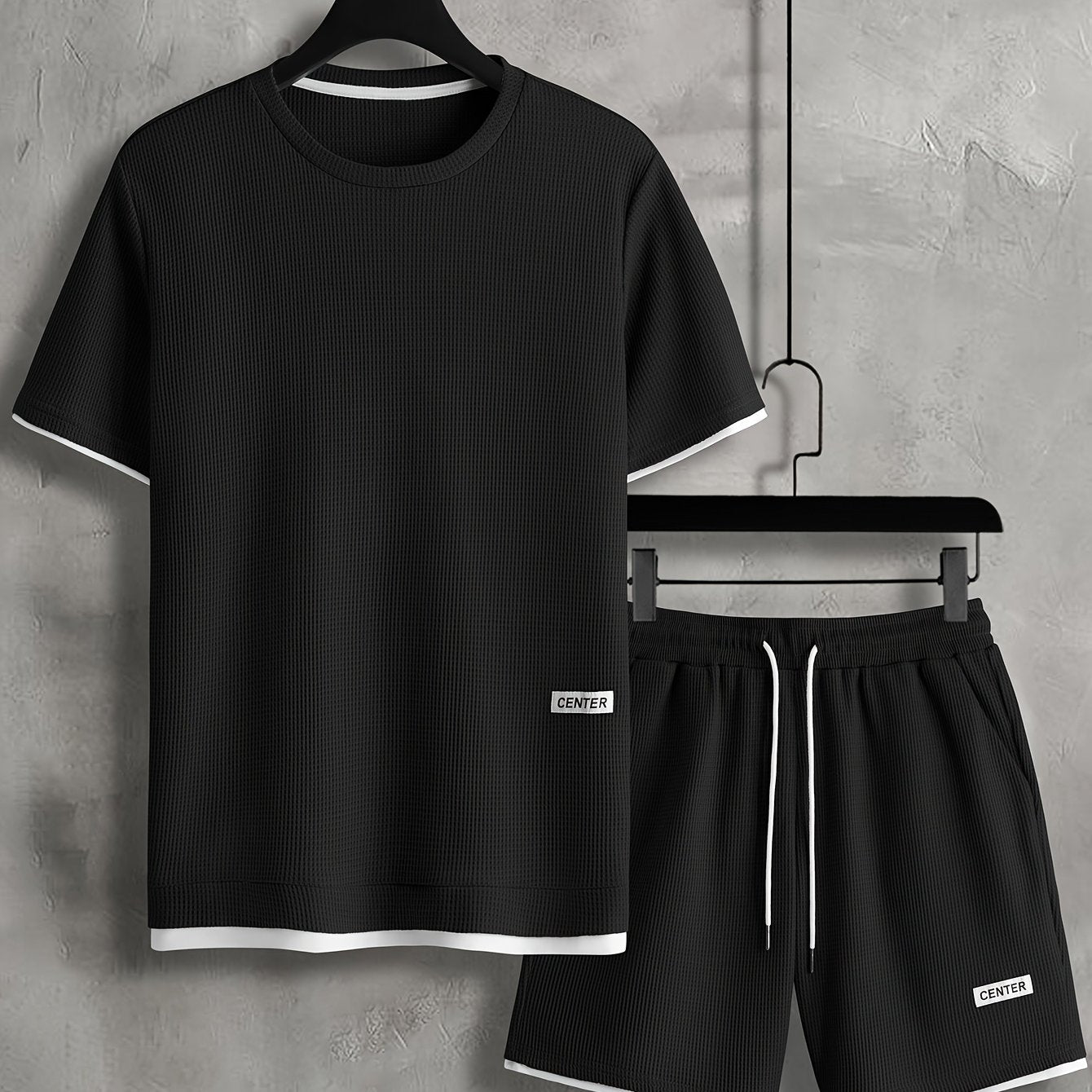 Two trendy outfits for men: casual crew neck short sleeve t-shirt and shorts set for summer, perfect for vacations and workouts.