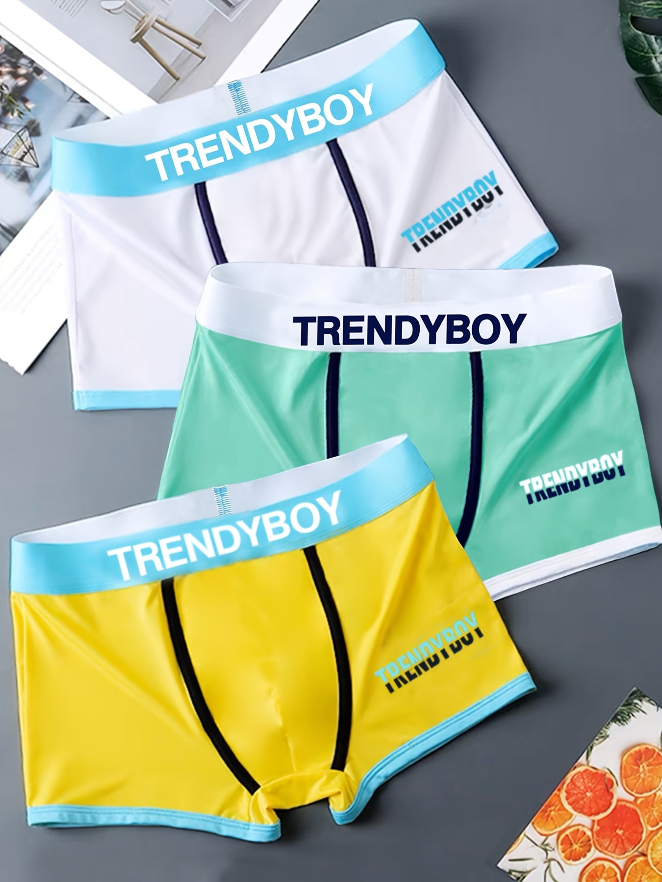 TrendyBoy Men's Boxer Briefs 3-Pack - Soft polyester knit with stretch, alphabet pattern and patched details, 95% polyester, 5% elastane