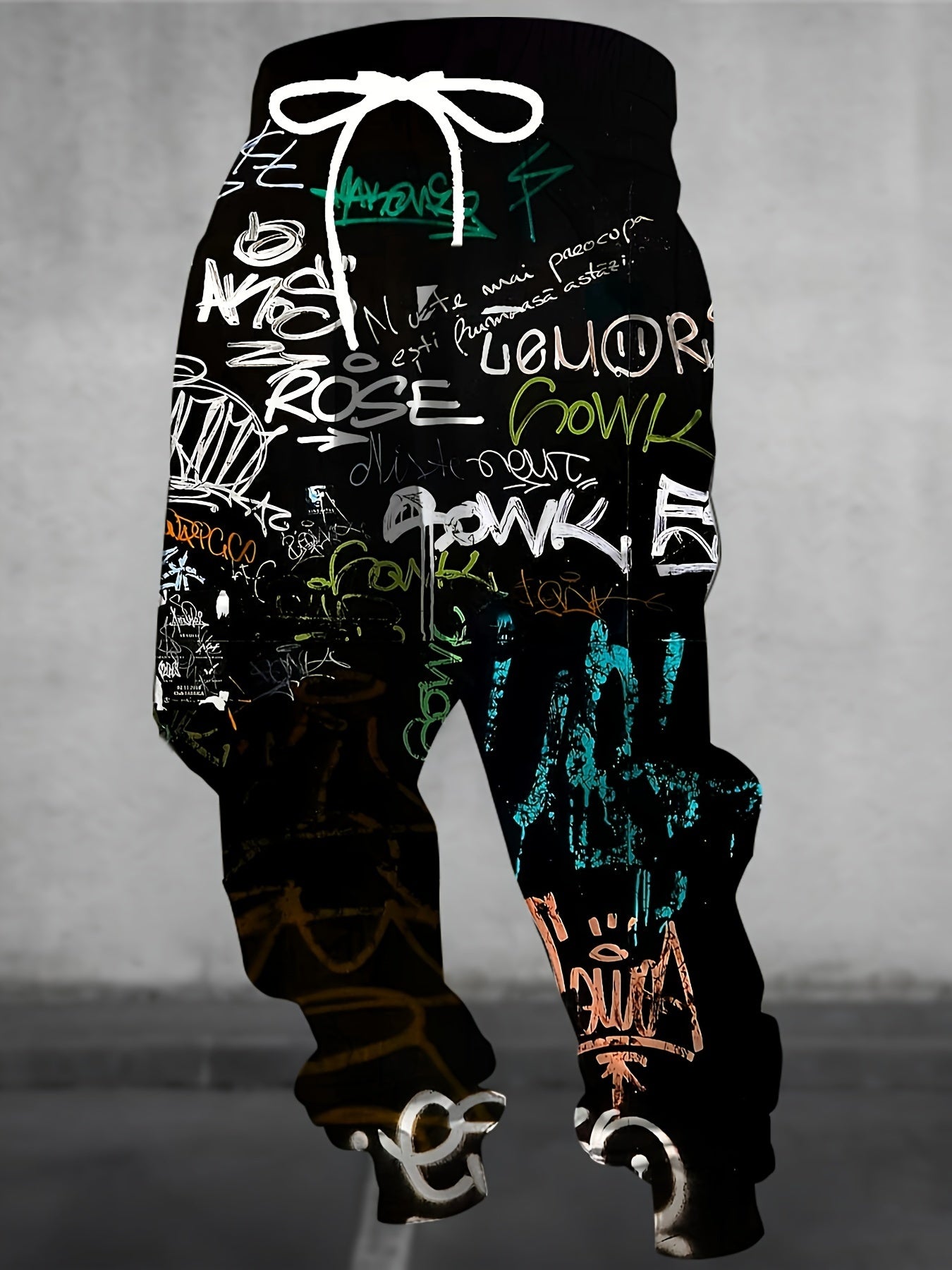 Men's polyester sweatpants with 3D graffiti print, drawstring, pockets, slight stretch, regular fit joggers.