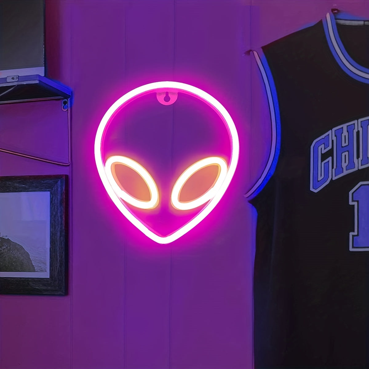 1pc Alien LED Neon Sign, 22.0x19.48cm - Dual USB/Battery powered, Easy to mount on wall, Blue & Pink UFO-inspired light for bedroom/game room decor - Aesthetic, Plug-free.