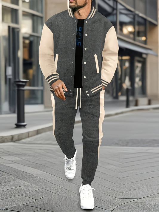 Men's casual baseball jacket & pants set in color block polyester with button-up and belt detail for spring/fall.