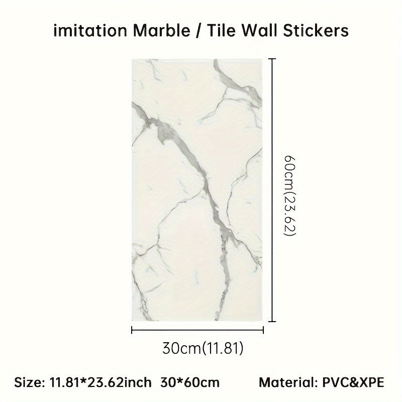 10pcs and 20pcs self-adhesive foam imitation marble tiles in PVC and PE materials with washable straight puzzle pattern. Suitable for living room, kitchen, bathroom, and home waterproof wall stickers. Can be cut to fit any size, perfect for home