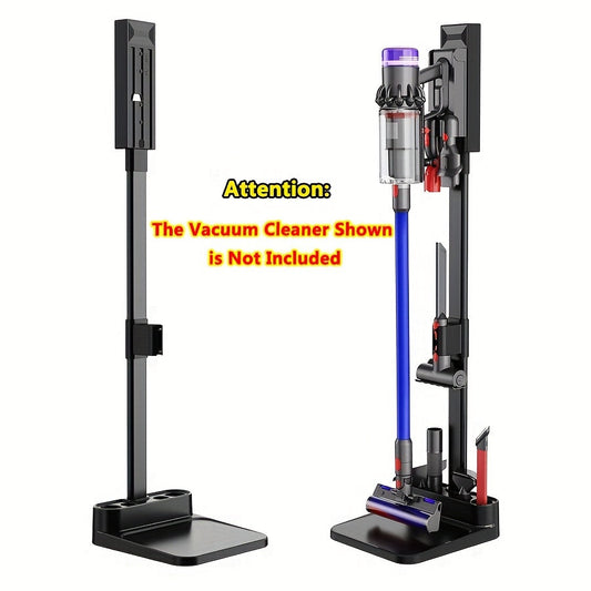 One piece, freestanding vacuum stand rack holder with docking station for Dyson cordless vacuum cleaners (V6, V7, V8, V10, V11, V12, V15, SV18, SV21). Features 6-8 storage spaces for accessories.