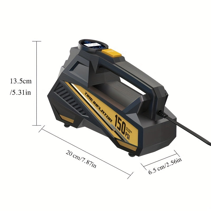 Portable Carsun digital tire inflator pump with LED light, suitable for cars, motorcycles, and bicycles. Powered by DC 12V, no battery required. Can be powered by car plug from 36V to 110V.