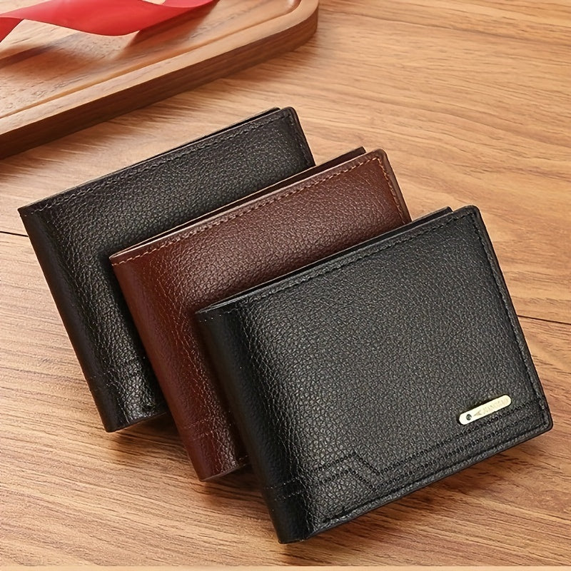 Men's faux leather wallet features a solid color with color block detail, non-braided weave, and a compact short bifold design for easy carry.