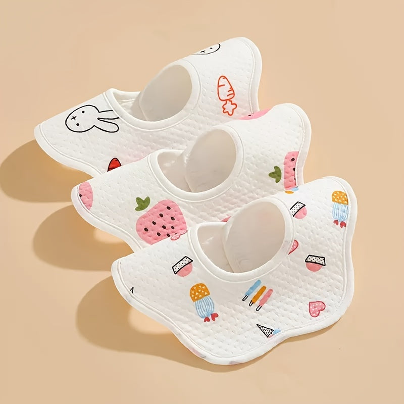 Three pieces of cotton bibs with a waterproof knitted petal design, featuring double hidden buttons for secure closure. These bibs are soft, absorbent, and perfect for keeping your little one clean during mealtime.