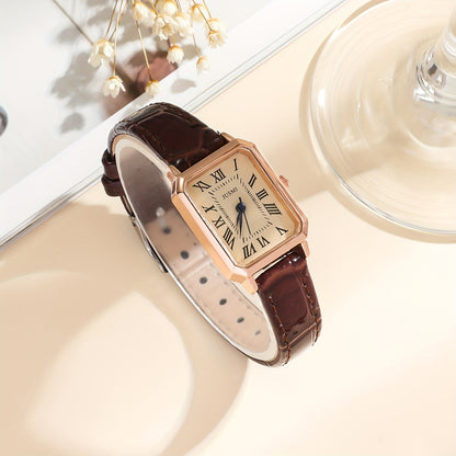 Women's Retro PU Leather Quartz Watch with Rectangle Pointer and Rome Fashion Analog Style