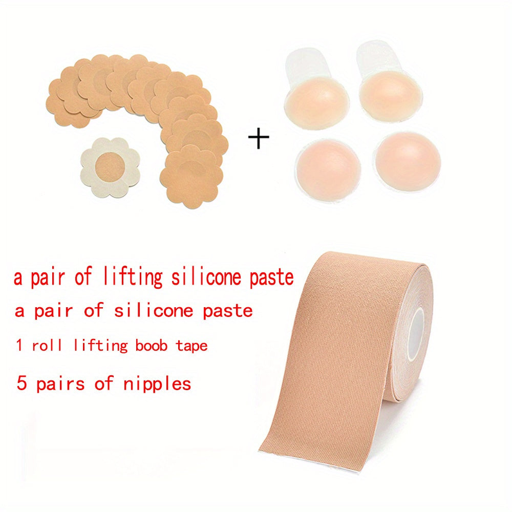 Invisible lingerie set includes stick-on nipple pasties and breast support body tape for women.