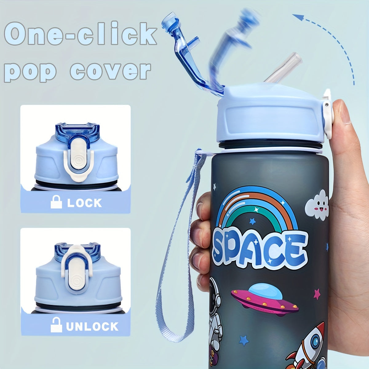 Durable 21oz astronaut water bottle with straw, BPA-free plastic. Ideal for outdoor activities and school with space-themed design.