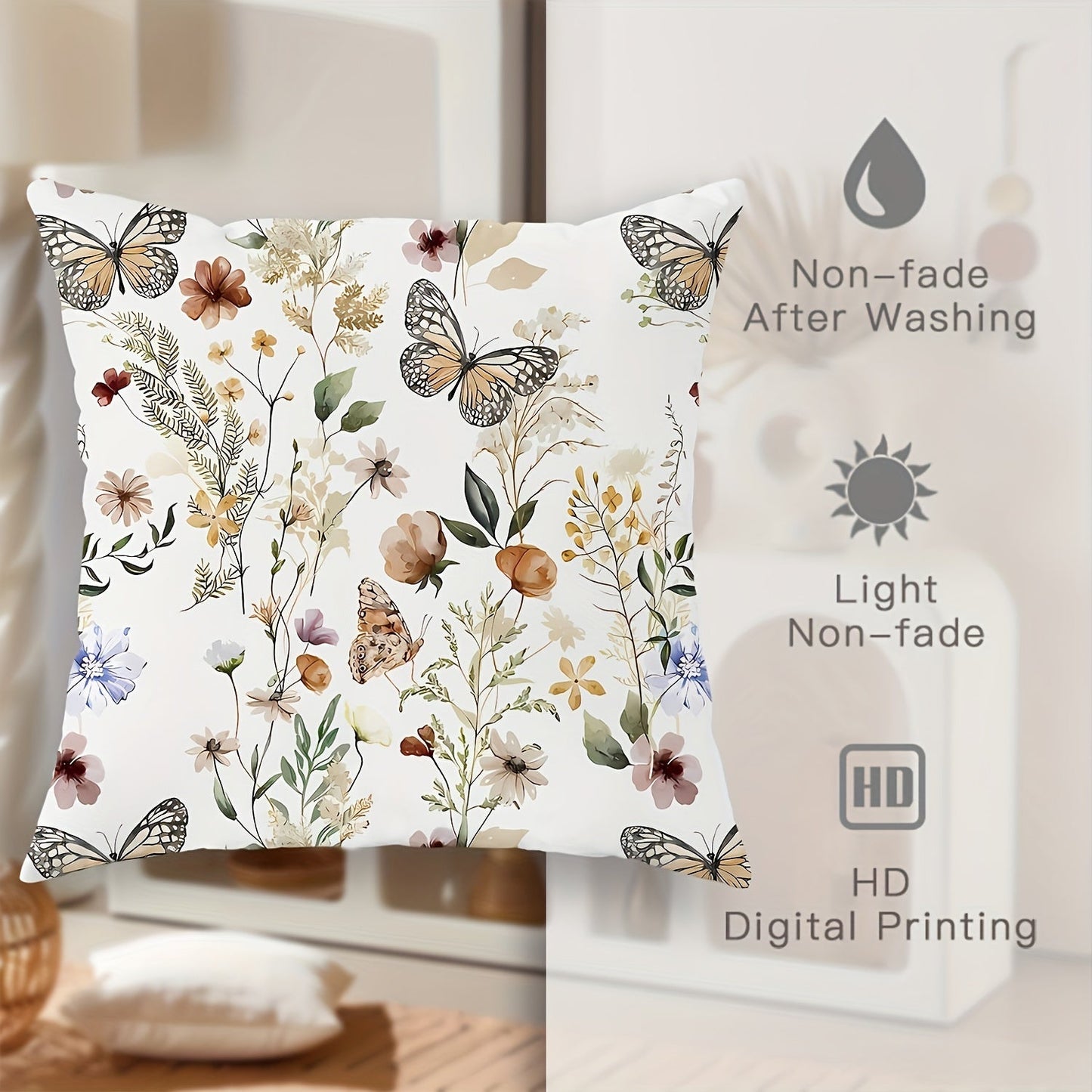 Two pieces of velvet throw pillow covers featuring a country rustic floral butterfly design in white. These decorative pillow covers measure 45.72cm x 45.72cm and are perfect for adding a touch of elegance to your living room, bedroom, sofa, or bed.