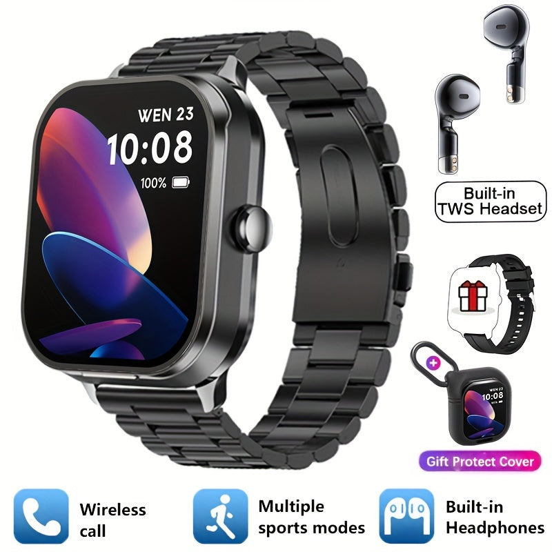 Paearofero 2-in-1 Smart Watch with TWS Earbuds, Wireless Charging, Large TFT Screen, Fashionable Square Alloy Case, Call/Date/Weather Features, Interchangeable Straps, Keychain Case