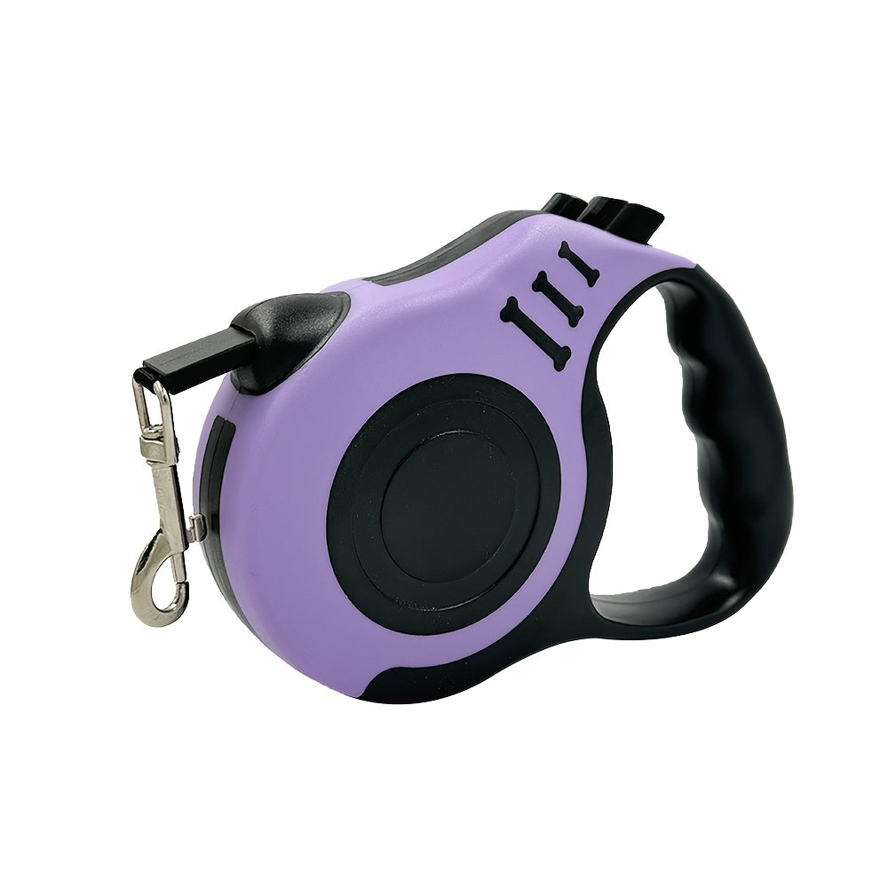 Sturdy dual-switch retractable dog leash offers easy control and comfortable grip.