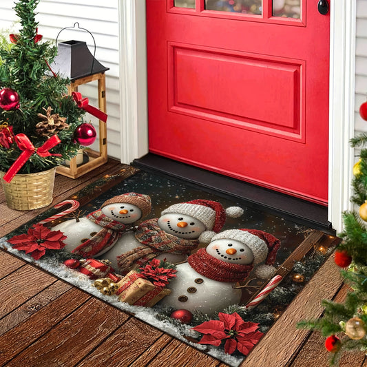 Get into the holiday spirit with our Festive Snowman Welcome Doormat! Made with non-slip, washable polyester, this Christmas floor mat features a vibrant snowmen and poinsettia design that is ideal for doorways, living rooms, bathrooms, and balconies.