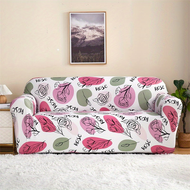 Modern printed sofa slipcover with elastic closure, made of 95% polyester and 5% spandex. Machine washable with active printing and stitched craftsmanship. Fits armchairs to sectional sofas, weighing 100-120gsm fabric.