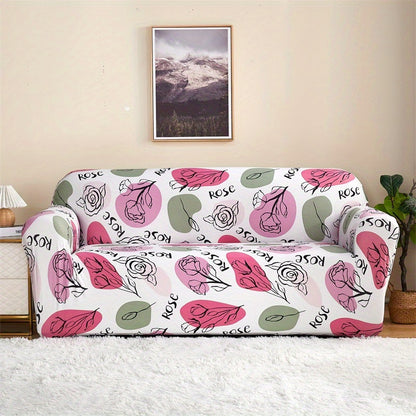 Modern printed sofa slipcover with elastic closure, made of 95% polyester and 5% spandex. Machine washable with active printing and stitched craftsmanship. Fits armchairs to sectional sofas, weighing 100-120gsm fabric.