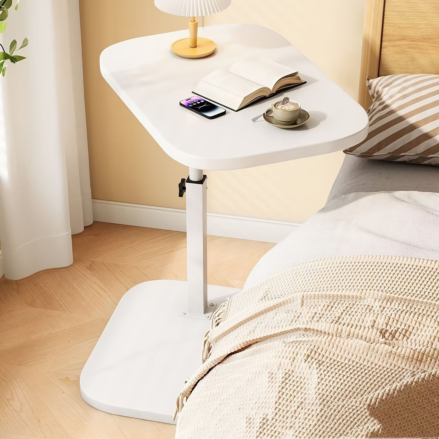 Multi-functional side table with adjustable height, wooden top and iron frame, ideal for various living spaces.