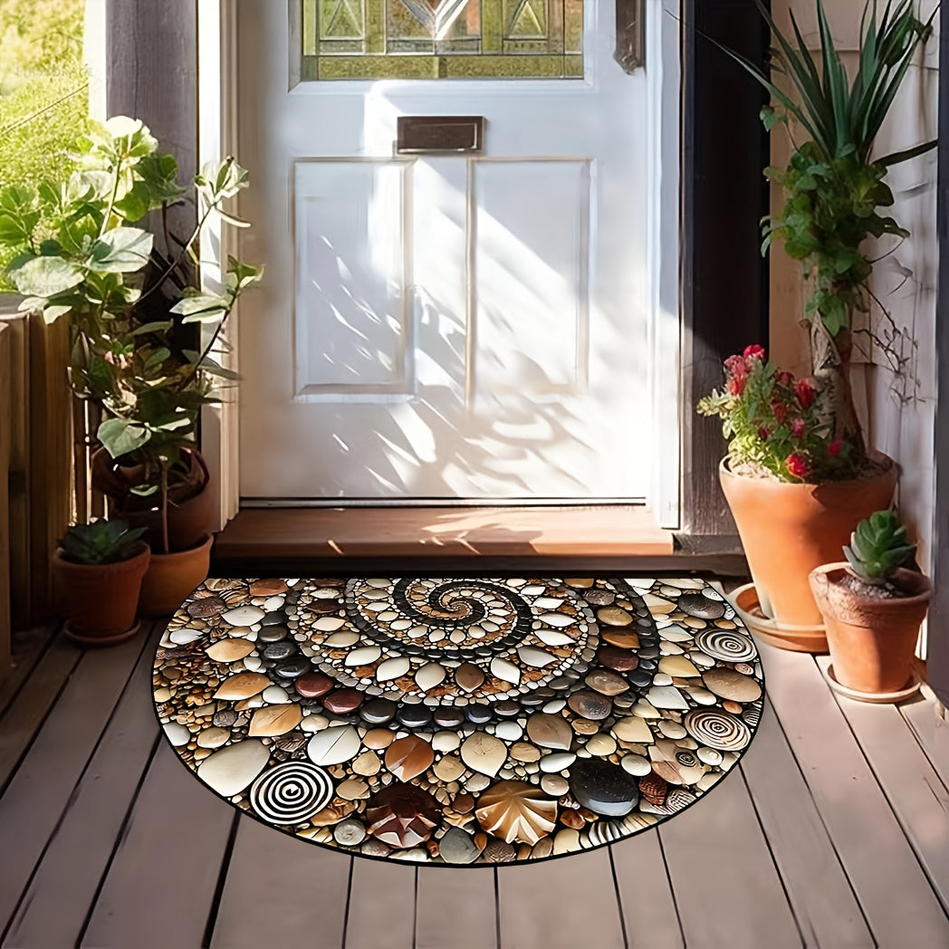 Coastal Pebble Flower Design Half-Moon Doormat made of machine-made polyester fiber - Features Non-Slip, Washable, Rubber Backing perfect for Indoor Use - Perfect for Entryways, Kitchens, Bathrooms, Patios, and Balconies as Decor