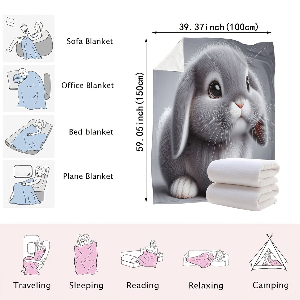 Soft, cuddly Gray Rabbit 3D Cartoon Plush Blanket - Suitable for year-round use, ideal for couch, trips, bedroom, car, work - Made from cozy polyester material