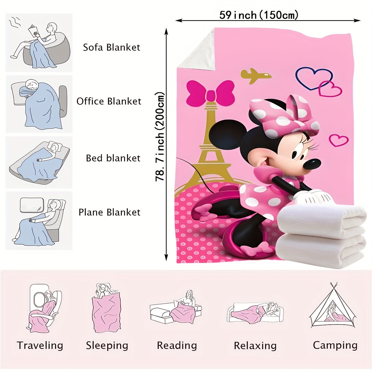 Minnie Mouse Paris Adventure Plush Throw Blanket - Modern Style, Versatile All-Season Knitted Polyester Blanket for Bedroom, Sofa, Bed, Car, Travel - 200-250gsm for Cozy Warmth