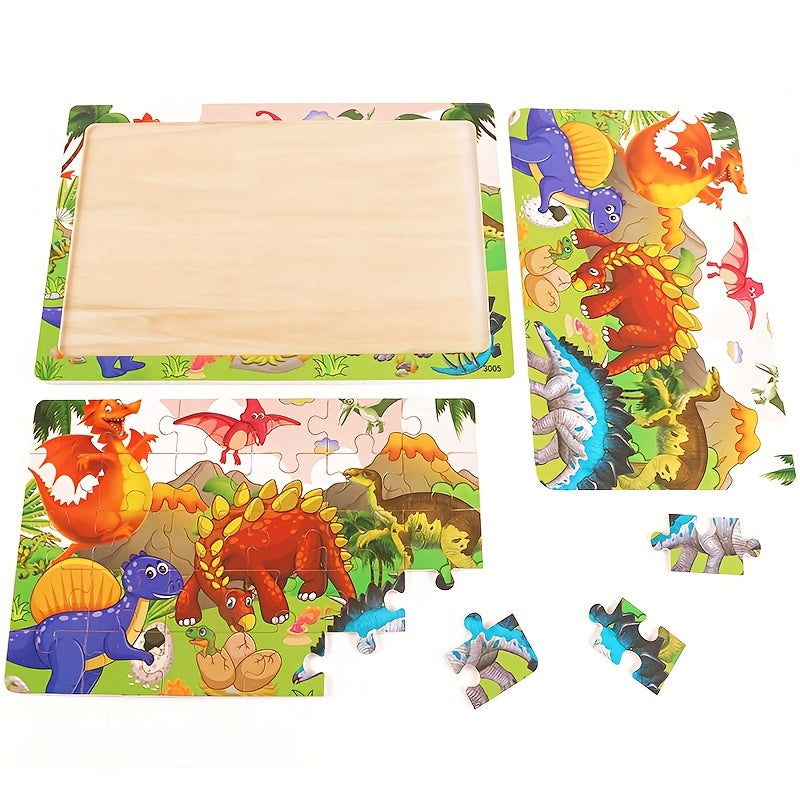 30-piece wooden puzzles featuring animals, dinosaurs, and cartoons for children to enhance their hands-on skills and kindergarten education.