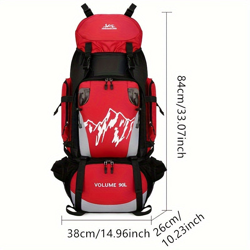 Lightweight, waterproof travel backpack with tablet compartment. Large capacity, durable nylon material with adjustable straps in red and black. Ideal for hiking, camping, and outdoor