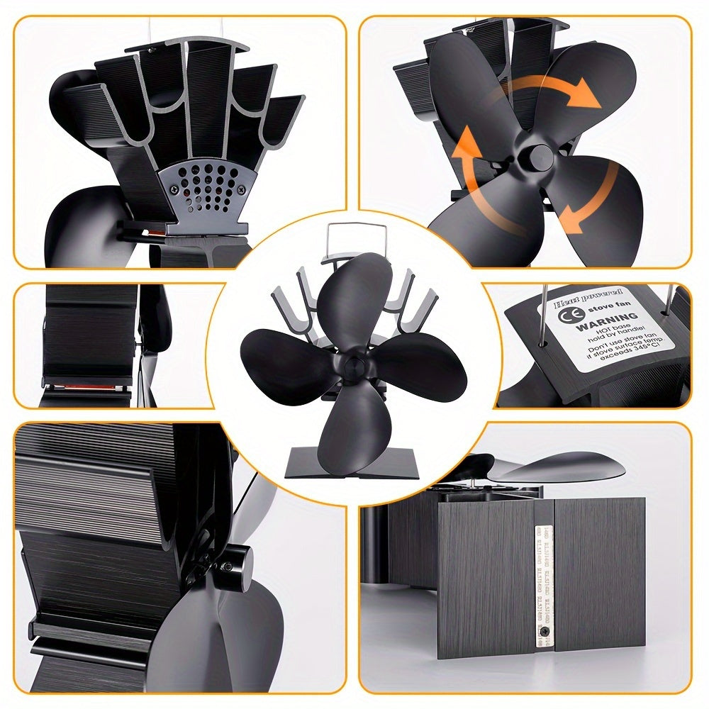 Silent 4-Blade Heat Powered Stove Fan - Effective Wood & Fireplace Heater for Comfortable Home Heat, No Need for Batteries