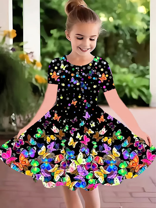 Colorful butterfly print dress for girls, perfect for spring and summer occasions.