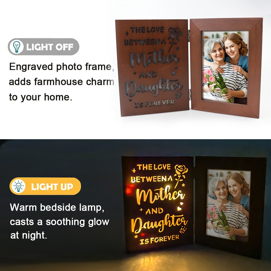 Celebrate the eternal bond between mother and daughter with our Engraved Wooden Photo Frame featuring LED Light. This 4x6 picture frame is perfect for gifting on Mother's Day, birthdays, or to a new mom. Ideal for women ages 18 and above.