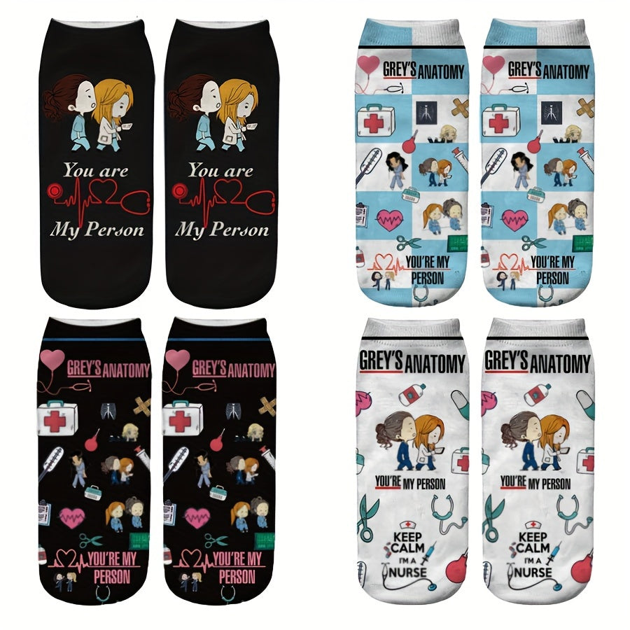 Whimsical cartoon nurse socks with Grey's Anatomy inspired designs, perfect for medical professionals and students. Made of soft polyester blend. Ideal gift for graduation or work