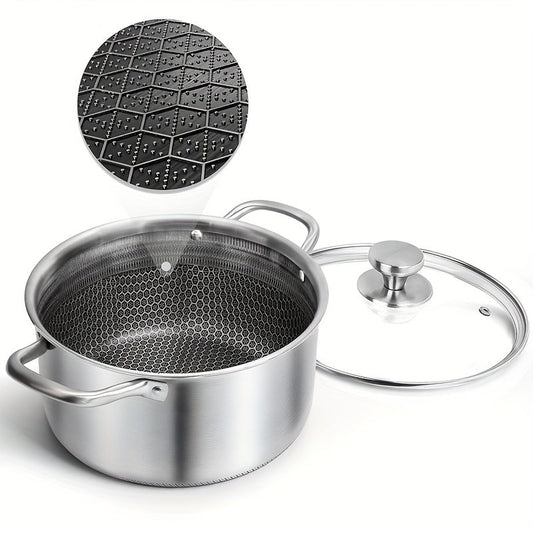 A 6-quart Stainless Steel Soup Pot with a Hybrid Non-stick Coating and Glass Lid, featuring a Honeycomb Carved Design for Induction Cooking. This versatile Soup Pot is compatible with all stoves, non-toxic, and safe for use in the dishwasher and oven.