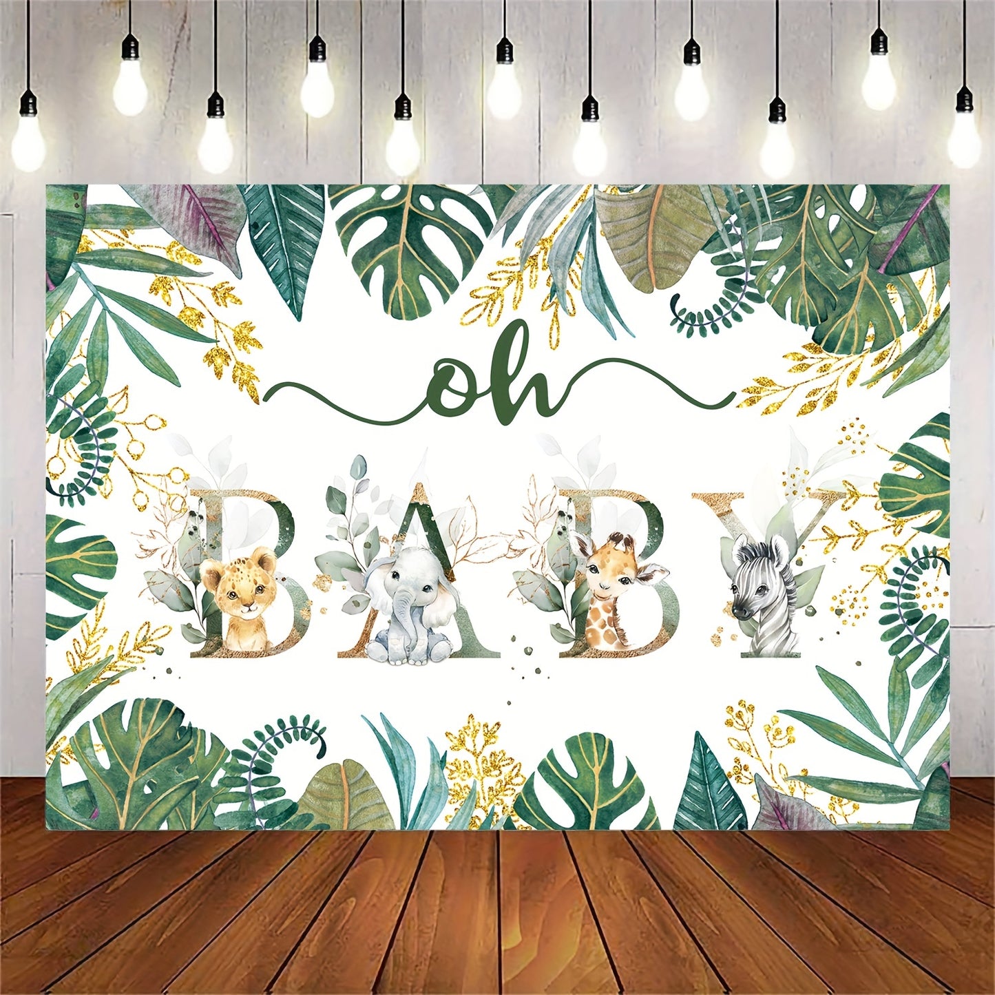 Gender-neutral Jungle Safari backdrop for a shower or birthday party, featuring golden accents, green leaves, and adorable animal illustrations. Dimensions 213.36x152.4cm.