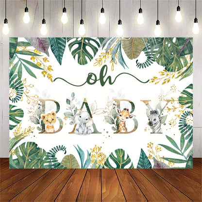 Gender-neutral Jungle Safari backdrop for a shower or birthday party, featuring golden accents, green leaves, and adorable animal illustrations. Dimensions 213.36x152.4cm.