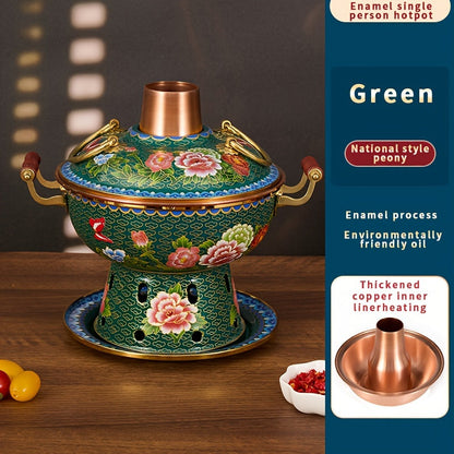 Small single serving enamel-coated copper hot pot featuring the Dudan pattern, perfect for commercial use and for use with alcohol stoves. Safe for dishwasher cleaning.