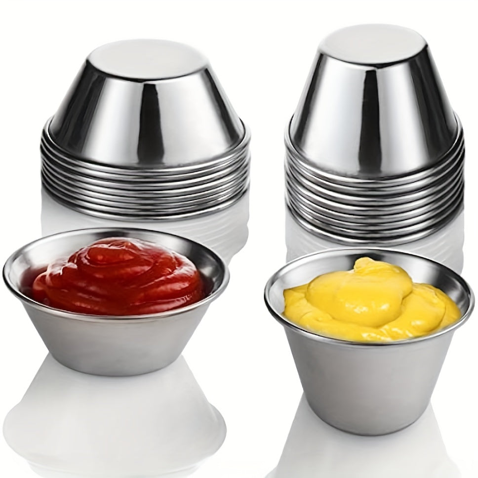 4 small stainless steel sauce cups in 6 sizes for commercial use, perfect for appetizers and condiments.