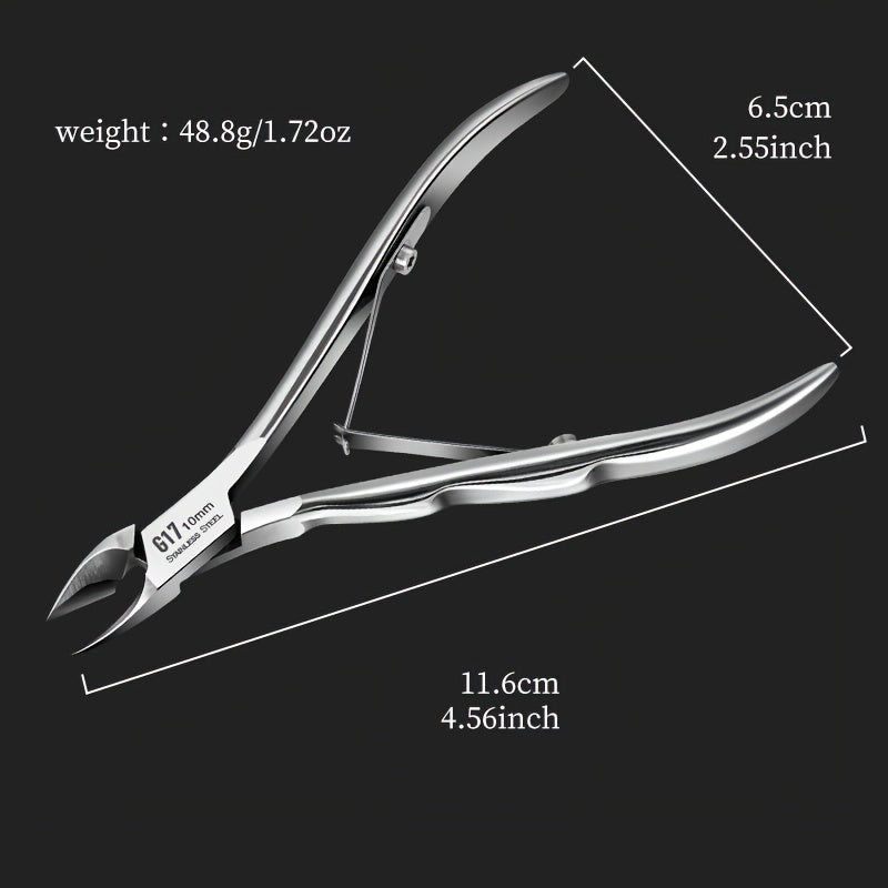 1 piece of Stainless Steel Cuticle Nippers with a 10mm precision tip for dead skin removal, hangnail care, and cuticle trimming. High-quality salon-grade tool for nail care.