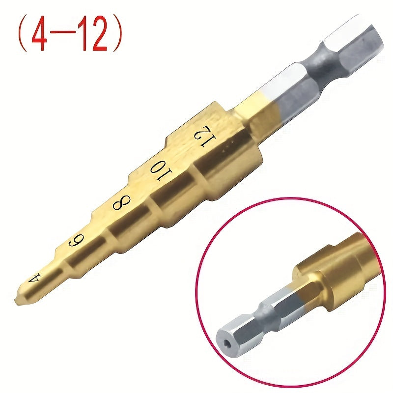 Titanium step drill bit for wood and metal cutting, ranging from 4 to 32mm, featuring high-speed steel and hex head design.